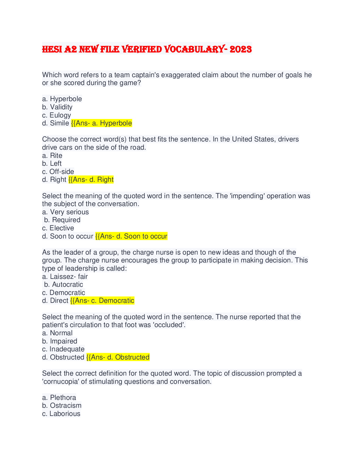 Preview image for HESI A2 (NURSING ADMISSION TEST) NEW FILE VERIFIED- 2023 VOCABULARY